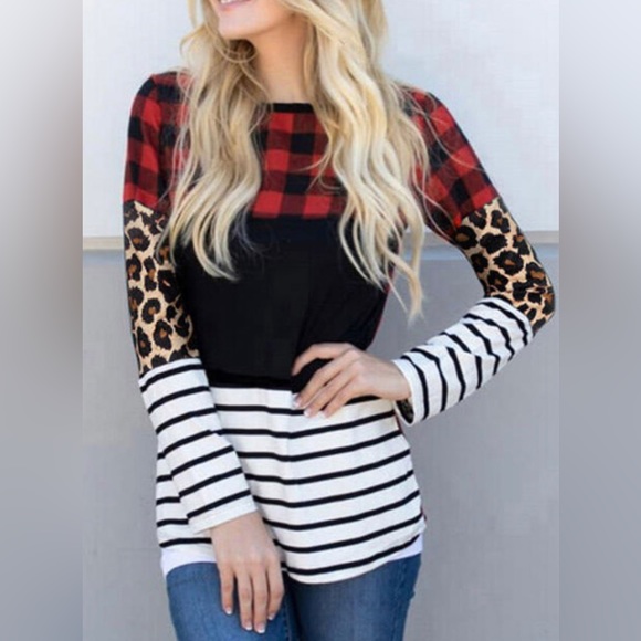 Tops - 🌸 Plus Size Plaid, Leopard, And Striped Color Block Long Sleeve Top